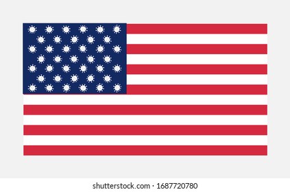 Vector illustration. Creative USA flag with coronavirus molecules.