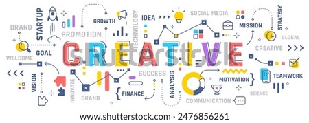 Vector illustration of creative word typography with line icon, word cloud on white color background. Business infographic concept. Line art style creative design for digital banner, poster, print