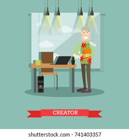 Vector illustration of creative worker male at his office. Creator concept flat style design element.