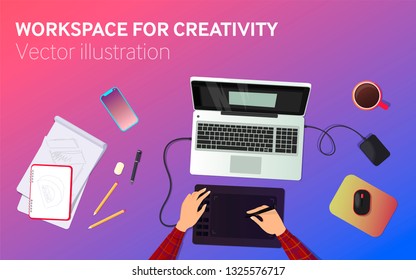 Vector illustration of a creative workspace of a designer or illustrator. Desktop with laptop, graphics tablet and hands. View from above. Illustration for a banner or article.