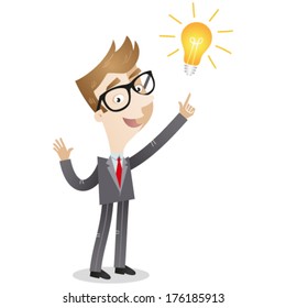 Vector illustration of a creative young cartoon businessman pointing at light bulb as a symbol of having an idea (JPEG version also available in my gallery). 