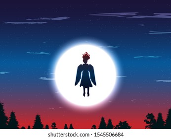vector illustration of creature with wing floating in the moonlight, ghost or demon in the eight sky