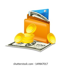 vector illustration of credit card and dollar note in wallet