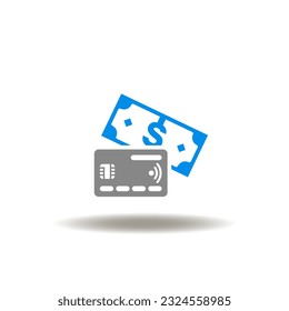 Ilustración vectorial de la tarjeta de crédito y la moneda en dólares. Icono de dinero, presupuesto, finanzas, efectivo. Símbolo de compra, pago.