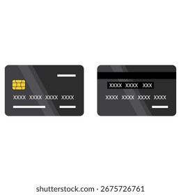 Ilustración vectorial de un anverso y reverso de tarjeta de crédito, que representa transacciones de pago, bancarias y financieras.