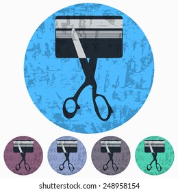 Vector illustration of credit card icon grunge style scissors