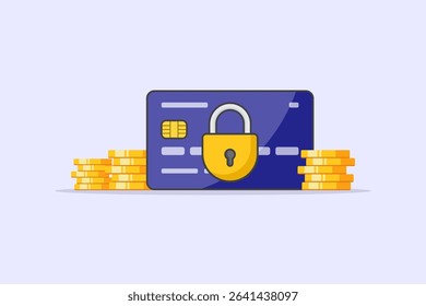 vector illustration of a credit card secured with a padlock and surrounded by gold coins, symbolizing security, finance, and online payment concerns in modern transactions and banking systems.