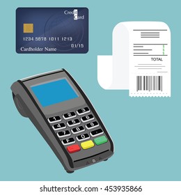 Vector illustration credit card terminal, bill or check and credit card. Cashless payments. Pos payment and credit card payment concept.