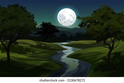 Vector illustration of creek and forest at night with bight full moon