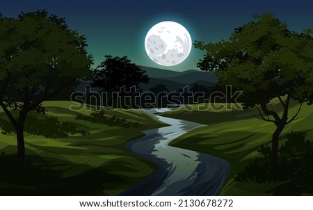 Vector illustration of creek and forest at night with bight full moon