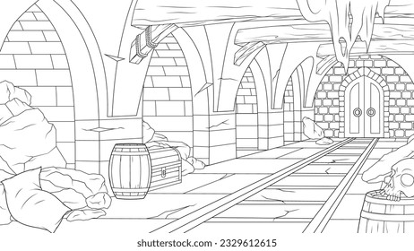 Vector illustration, creepy abandoned mine dungeon, book coloring