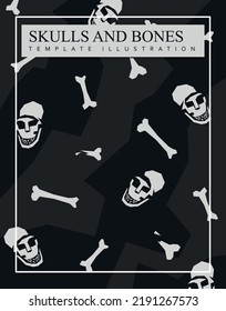 Vector illustration of creepy background with human bones and skulls. Modern Halloween themed template design with text.