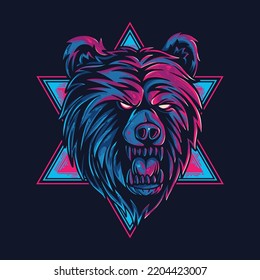 vector illustration creepy bear head with red and blue color vintage illustration