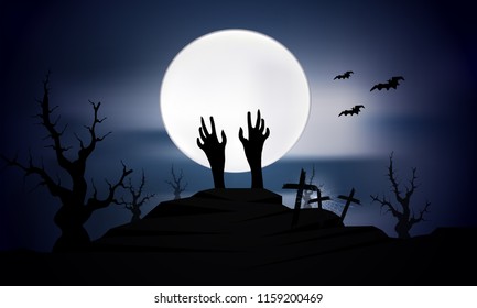 Vector illustration of creepy cemetery on white moon background with castle and pumpkin on Halloween night.