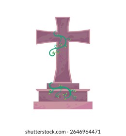 Vector illustration of a creepy cross tombstone in cartoon style, perfect for Halloween party invitations, haunted house decorations, trick or treat posters, scary graphic design, and spooky October e
