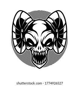 Vector illustration of Creepy Devil Demon with Horn and sharp teeth on the White background. Hand-drawn illustration for mascot sport logo badge label sign poster t-shirt printing. Vector Logo