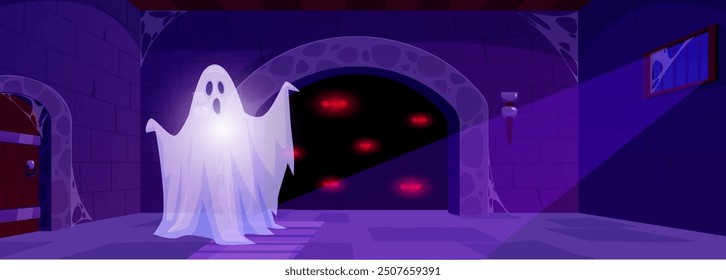 Vector illustration with a creepy dungeon interior with ghosts and monsters with red eyes in a dark space. A gloomy dungeon perfect for a fantasy style design.