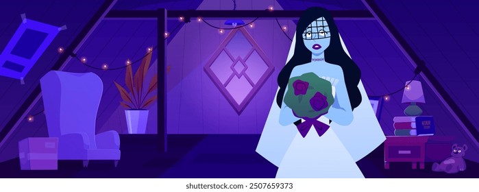 Ilustración vectorial de la novia fantasma espeluznante en el fondo del ático nocturno con muebles interiores. Fantasma errante en velo y con un ramo en casa de terror. Tema de Halloween. Estilo plano.