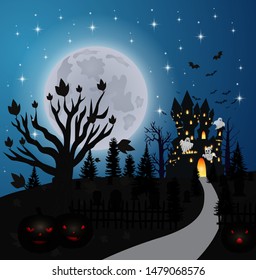 Vector illustration of Creepy graveyard with castle ghost and pumpkins