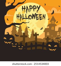 Vector illustration of Creepy graveyard with castle and pumpkins.