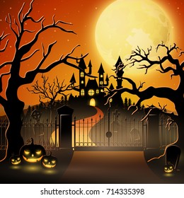 Vector illustration of Creepy graveyard with castle and pumpkins