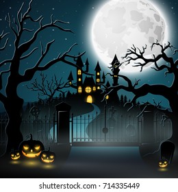 Vector illustration of Creepy graveyard with castle and pumpkins