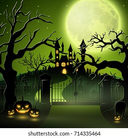 Vector illustration of Creepy graveyard with castle and pumpkins