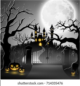 Vector illustration of Creepy graveyard with castle and pumpkins