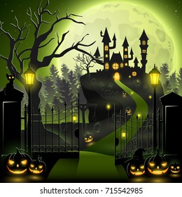 Vector illustration of Creepy graveyard with castle and pumpkins