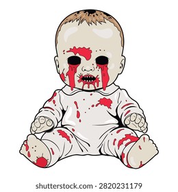 Vector illustration of a creepy horror zombie baby doll with dark hollow eyes, sharp teeth, and blood splatters on face and clothes, sitting isolated on a white background, perfect for Halloween party invitations, horror themed posters, haunted house banners, stickers, t-shirt prints, and gothic seasonal graphics.