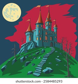 Vector illustration of a creepy medieval fairytale castle on a hill at night