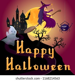 Vector illustration creepy moon background, greeting card for Halloween with cartoon characters witch spider and ghost. An inscription with a lamp jack. Stylish design