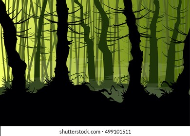 Vector illustration of a creepy night forest with mist