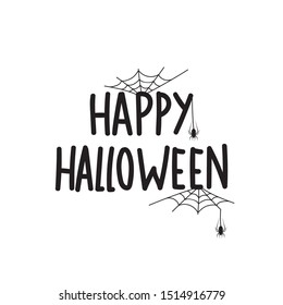 Vector illustration of creepy spider web and a spider. Handwriting lettering happy halloween.