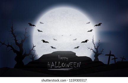 Vector illustration of creepy tombs on a white moon background on Halloween night.