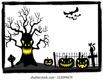 vector illustration of a creepy tree at a cemetery on halloween