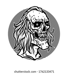 Vector illustration of Creepy Zombie Head with white hair on the White Background. Hand-drawn illustration for mascot sport logo badge label poster emblem patch t-shirt icon printing. Vector Logo