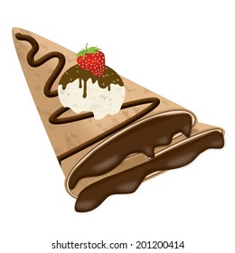 Vector illustration of a crepe (pancake) with chocolate, ice cream and strawberry isolated on white