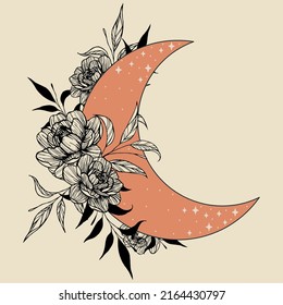 Vector illustration with crescent and flowers. Boho art print. Modern poster.