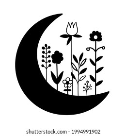 Vector illustration with crescent moon. Black silhouette of flowers on moon isolated on white background
