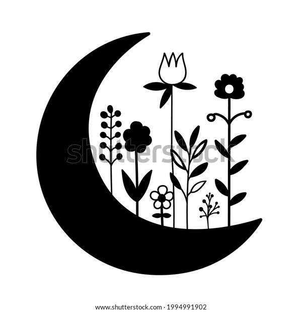 Vector illustration\
with crescent moon. Black silhouette of flowers on moon isolated on\
white background