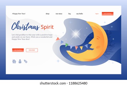 Vector illustration of a crescent moon with face and a star on blue sky. Vector creative web design concept for seasonal marketing campaign, web design, mobile app.