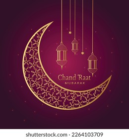 Vector illustration of crescent moon and lamp on Chand Raat Mubarak (Happy Eid moon to you) background