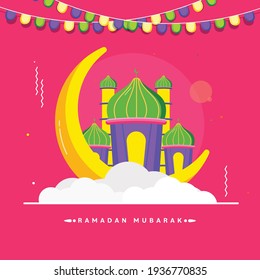 Vector Illustration Of Crescent Moon With Mosque, Clouds And Garland Decorated On Orange Background For Ramadan Mubarak Concept.