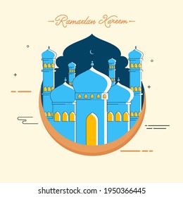 Ilustración Vectorial De Luna Creciente Con Mezquita En El Fondo Amarillo Pastel Para El Concepto Ramadan Kareem.
