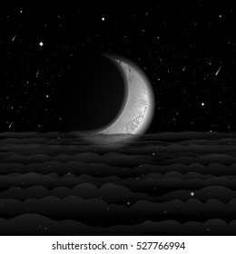 Vector illustration - crescent moon in the night, the starry sky above the clouds. 