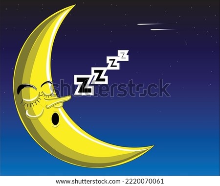 vector illustration of a crescent moon with a sleeping face at night with stars