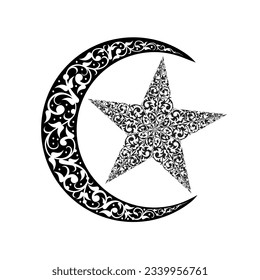 Vector illustration for a crescent moon and a star in a very nice engraved form