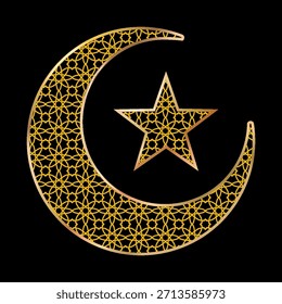 Ilustración vectorial de luna creciente con estrella decorada con intrincados patrones orientales en tonos dorados. Elemento decorativo elegante para temas islámicos, vacaciones, invitaciones, diseños de lujo de marca