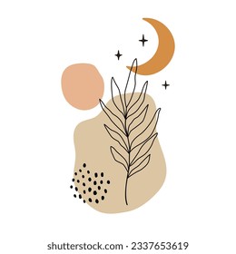 Vector illustration of crescent moon moon with stars sun plant. Design element for logos icons. Modern Boho style doodle art svg